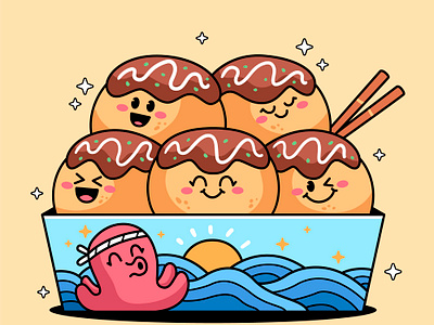 Takoyaki animal cartoon character colorful cute design eat food graphic design illustration japan octopus snack takoyaki