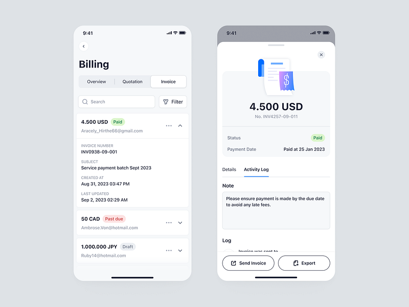 Arto Plus - Billing Invoice and Activity Log app billing invoice log management mobile payment product design saas ui ux