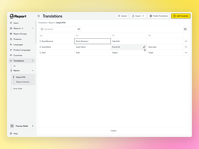 Simpra Report Hub | Translations add item design edit in line list view minimal side menu simpra design simpra style sub menu table view translation ui ux