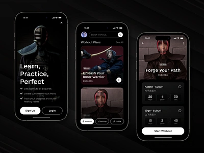 Personal Kendo Tutor App card dark mode dark theme fitness fitness app health health app kendo learning login mobile mobile app mobile learning product design sign up sport ui ux workout workouts