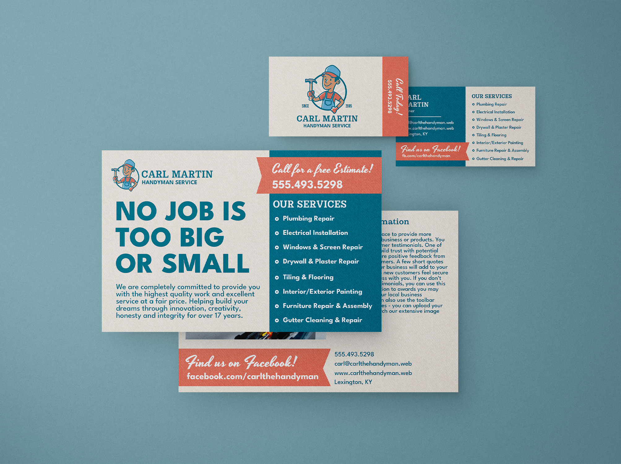 Cartoon Handyman Brand Identity Set branding business card caricature cartoon character flyer hammer handyman marketing