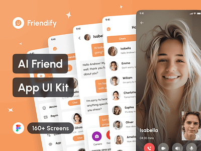 Friendify - AI Friend App UI Kit ai ai chat friend ai chatbot ai dating ai friend ai virtual friend app app design application design design system figma interface mobile portfolio template ui ui design ui kit uiux