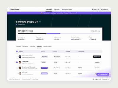 Capital Raise Dashboard 📈 access ai capital dashboard finances investment management progress bar raise saas startup table tracker web app