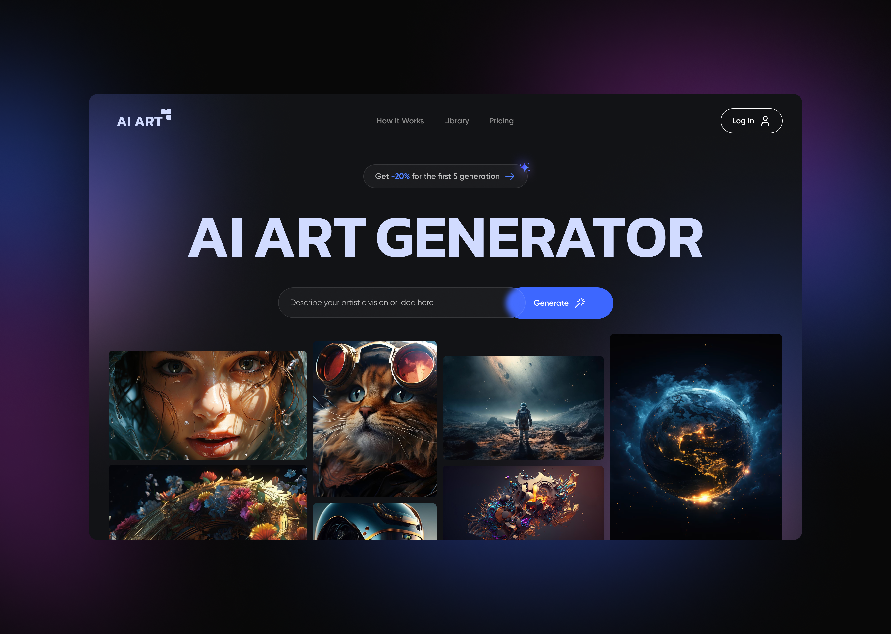AI Art Generator — Concept ai ai art animation art artificial intellegent concept creation design generator hero screen illustration image ai innovation landing page midjourney photo generation ui ux web ai website