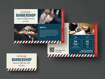 Classic Barbershop Brand Identity Set barber barbershop branding business card classic clean haircut marketing post card scissors shave stripes