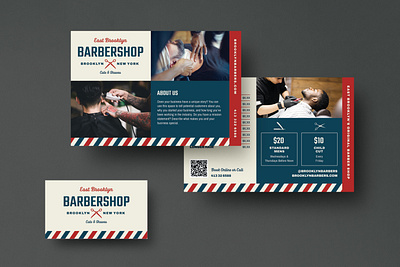 Classic Barbershop Brand Identity Set barber barbershop branding business card classic clean haircut marketing post card scissors shave stripes