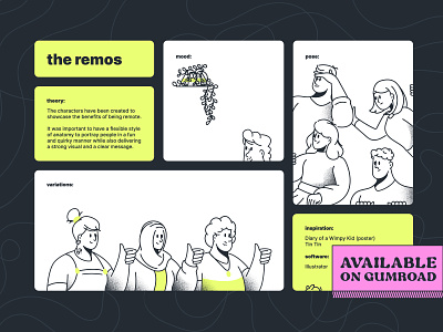 Remos on Gumroad branding characters design friendly fun funny graphic design gumroad icon illustration line minimal pack retro simple ui