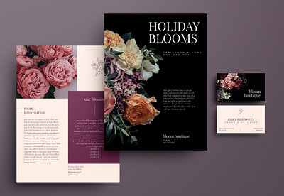 Moody Floral Brand Identity Set blooms bouquet branding business card dramatic floral flowers flyer marketing moody