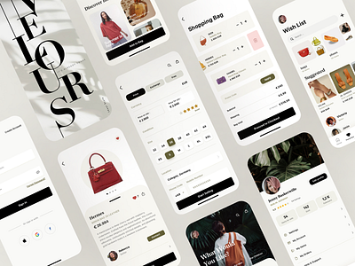 Vintage Clothing App app check out clothing comment location log in logo mobile profile rating sell shopping bag sign in size ui ux vintage white colors wish list