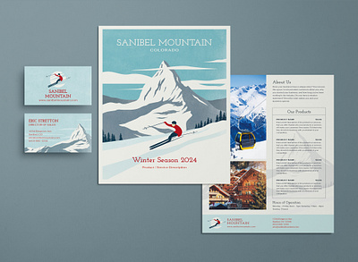 Vintage Ski Resort Brand Identity Set branding business card flyer illustration marketing mountain ski resort skiing travel vintage winter