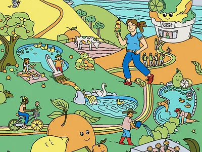 Chobani Seek and Find Illustration advertising black outline branding cartoon chobani cute dessert food food art foodillustration hiddenobject illustration landscape marketing nature pastel playfulillustration seek and find seekandfindart whimsical