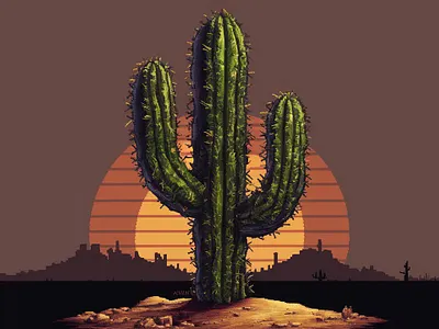 Sunshine Cactus 🌵 cactus dusk evening illustration minimal art minimal landscape pixel pixel art sunshine landscape weirdpixelarts