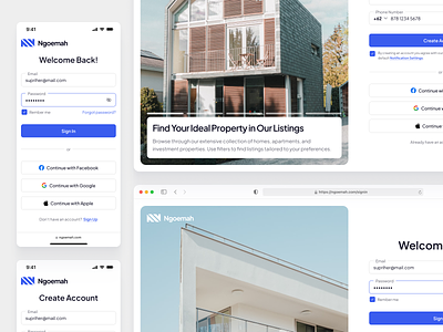 Ngoemah - Property Login Page forgot password form house input input field login login page mobile onboarding page password property register responsive sign in sign in page sign up sign up page ui ux website