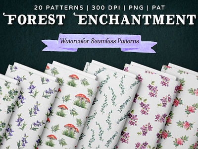 Forest Enchantment - Watercolor Seamless Patterns clipart design foliage illustration pattern print watercolor woodland