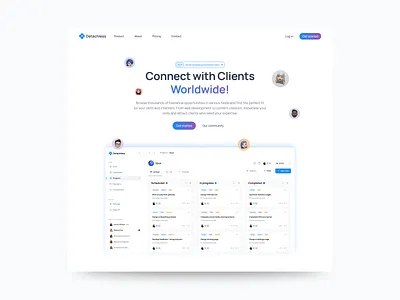 Freelancing platform · Detachless FREE Figma UI kit blue dashboard design detachless freelance gradient hero section light mode memojis networking project management rounded corners saas ui ui kit uiux ux web design website