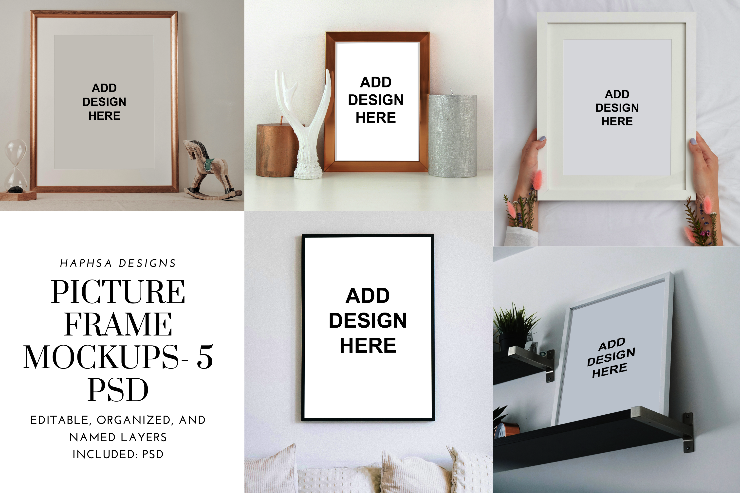 Picture Frame Mockups - 5 PSD art brand branding design frame frame mockup frames graphic design illustration illustrator marketing mockup mockups picture frame picture frame mockup