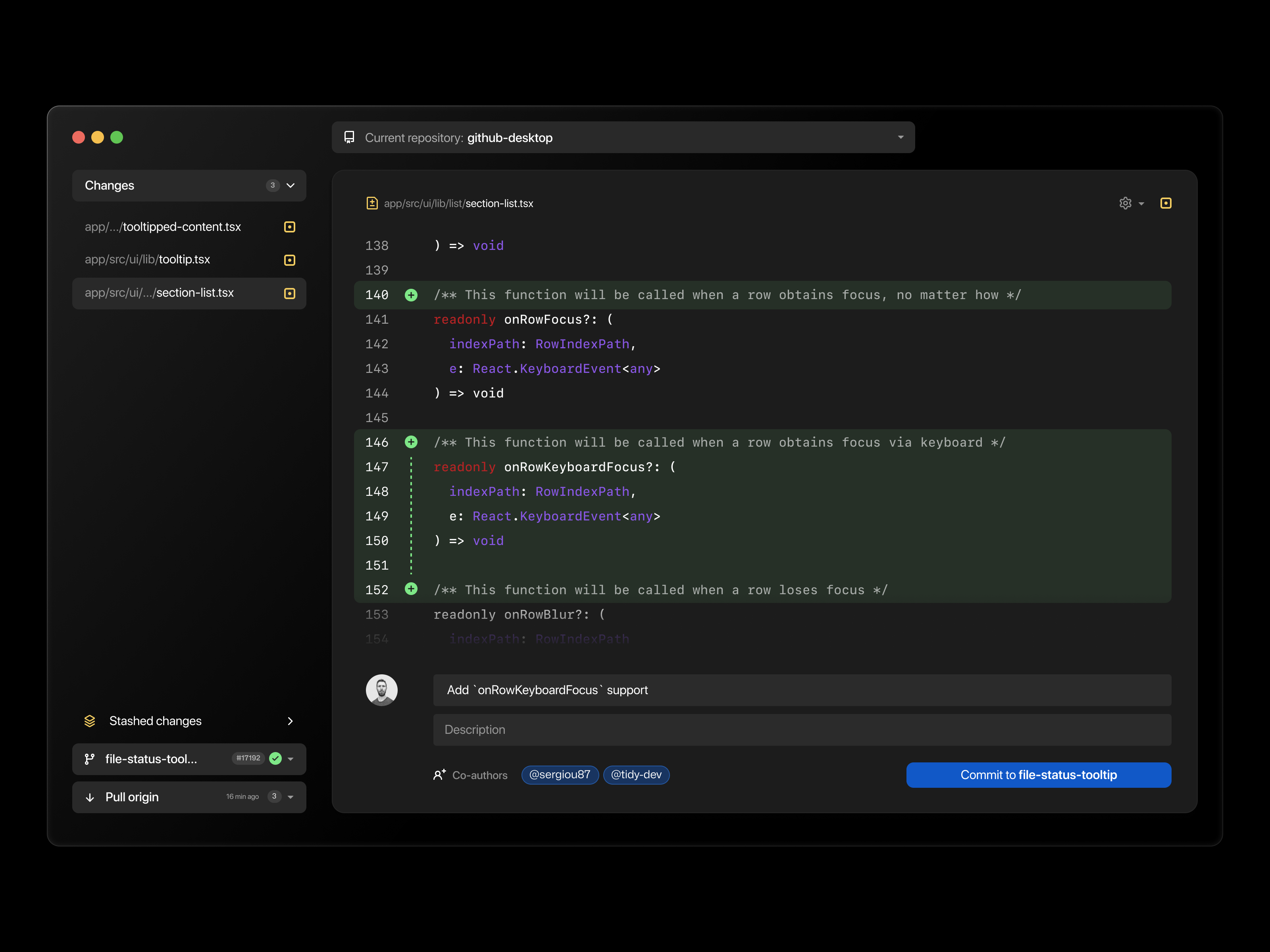 GitHub Desktop code developper diff git layout mono product tool ui web workflow
