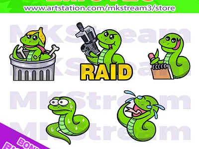 Twitch emotes cute snake trash, raid, note, sweat & laugh pack animated emotes anime cute design discord emotes emote emotes green snake illustration laugh nerd note raid shock snake snake emotes sub badge trash twitch emotes wtf