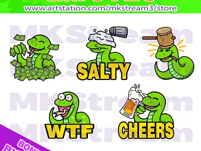 Twitch emotes cute snake rich, salty, hammer, wtf & cheers pack animated emotes anime ban cheers cute design discord emotes emote emotes green snake hammer illustration money rich salty snake snake emotes sub badge twitch emotes wtf