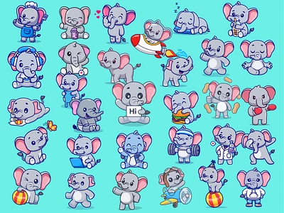 Elephant Character Collection🐘 activity animals baby animal baby elephant character circus cooking cute elephant food grey icon illustration logo nature rocket sports sticker wildlife working