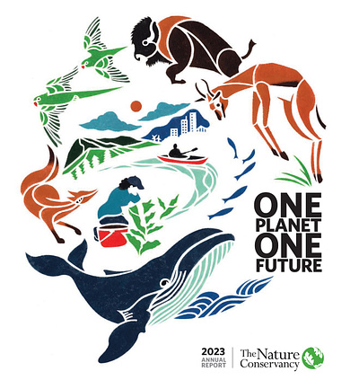 One Planet, One Future X Mayuko Fujino animals annual report cover design craft nature stencil