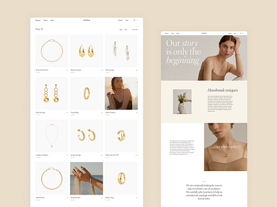 Jewelry e-commerce website about us beige design e commerce editorial fashion graphic design jewelry model product listing products redesign ui ux