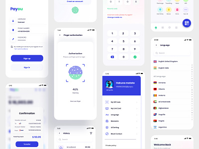 Payou UI Kit with Design System app biometric card contact design figma finance fingerprint fintech illustration kit language login neel prakhar profile sharma ui ux wallet