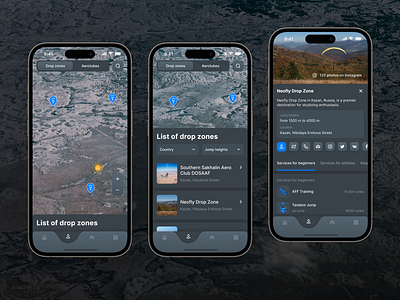 Skydiving.zone — mobile app android app athletes buttons dark design icons ios list map menu mobile modal modern navigation skydiving tabs theme ui ux