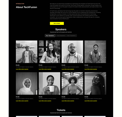 A tech event website dark event landing page minimalist tech yellow