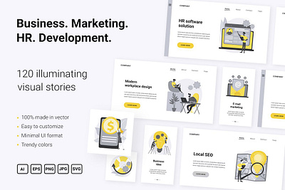 120 Business illustrations pack v.1 concept flat graphics gray illuminating illustration kit mobile set ui ux yellow