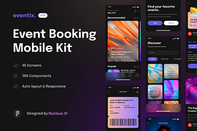 Eventix Event Booking Mobile UI Kit booking app dark design system event figma mobile app mockup ui kit