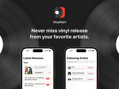 VinylAlert: Never miss vinyl release from your favorite artists albums alerts animation app artists design feed figma ios lp music notifications onboarding record release search stack subscribe subscriptions vinyl