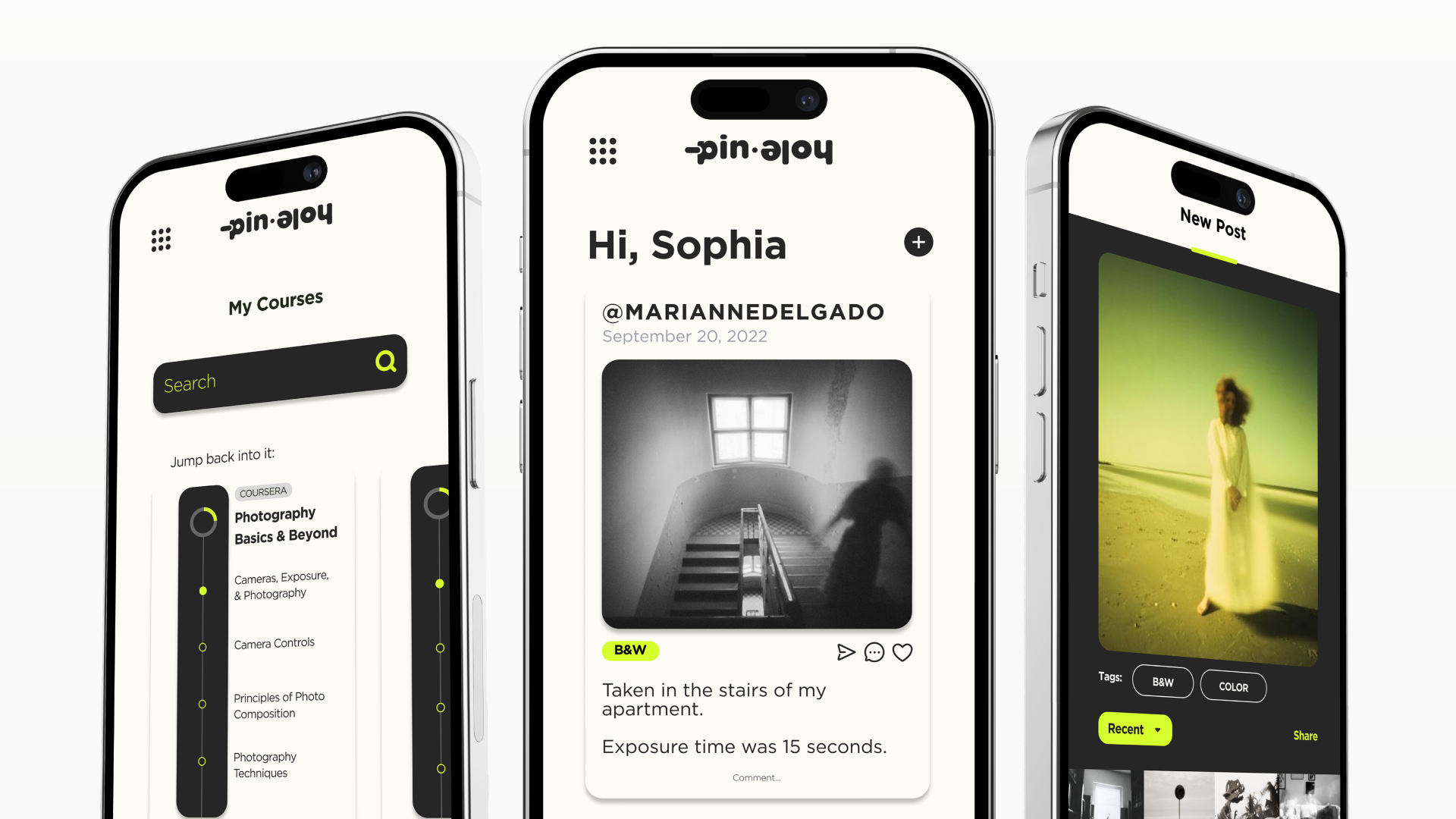 Pinhole, App Design + Product Design app branding camera courses digital education film graphic design product design prototyping social media ui