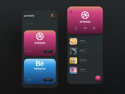 Portfolify- One app to manage all your design portfolios_Concept 3d aesthetic amazing app branding cool design figma glassmorphism graphic design illustration mobile modern neumorphism portfolio prototype sleek ui ux