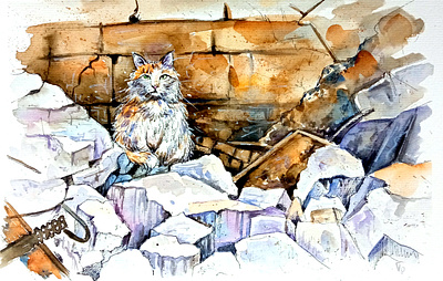 Original Ukrainian watercolor painting, Cat and War, Ukraine art animal art cat hand painted handmade paint painting pet ukraine ukrainian war