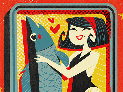 Caring - Mid-Century Illustrated Poster Design can caring character fish happy hellsjells illustration love mid century oil retro smiling texture tuna vintage woman
