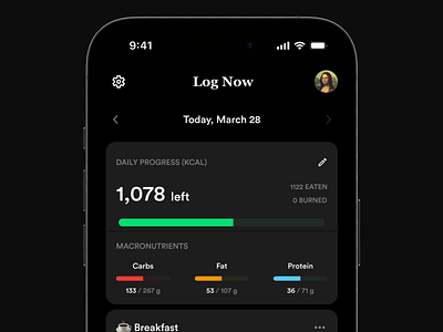Calorie Tracking Application (Dark Mode) app app design bottom sheet calorie graphic design health interaction design ios ui uiux user experience user interface ux