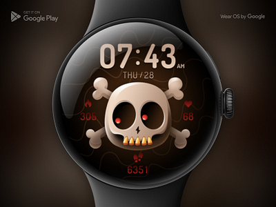 Skull Watch Face, WearOS ai cute design device funny galaxy watch google googleplay graphic design halloween health icon illustration number reminder samsung time ui watch wear