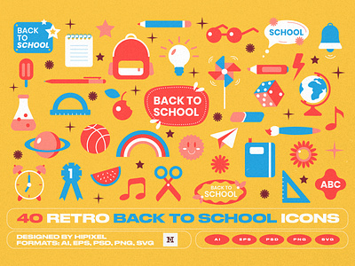 Retro Back To School Icons accessory back to school backpack book clock education eraser icons lamp logo notebook pack pen pencil retro ruler school stationery stickers study