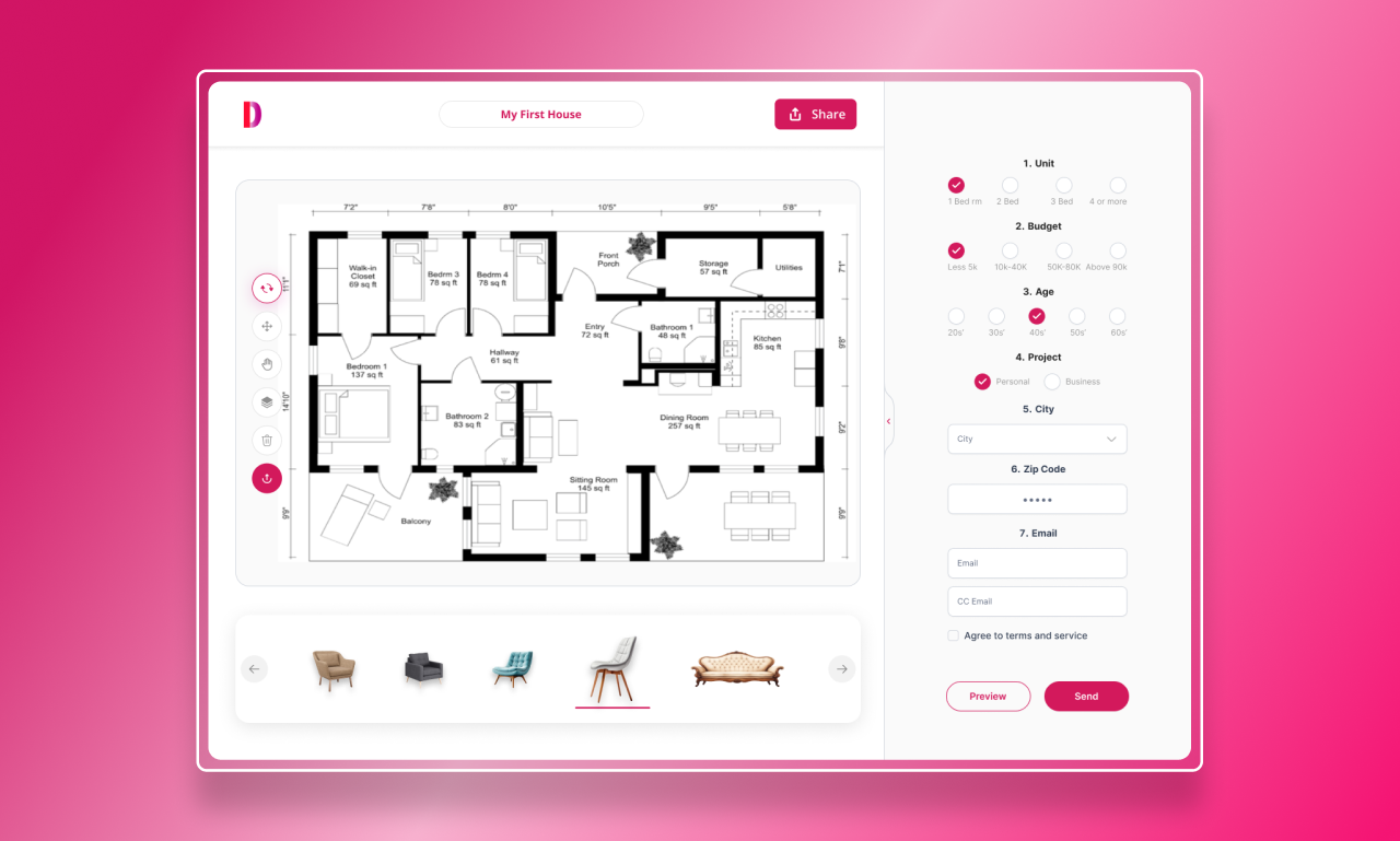 Interior design dashboard tools to generate floor plan app design branding dashboard design design figma design floor plan dashboard floorplan design graphic design illustration interior design tools prototype ui ui ux design user experience user interface user journey map web app design wireframe