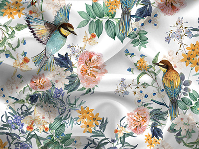 When the birds sing in the spring botanical illustration botanical painting digital art digital printing fashion print floral illustration graphic design hand drawing home decoration illustration motif all over print textile design repeat pattern design seamless pattern design surface pattern print wallpaper print