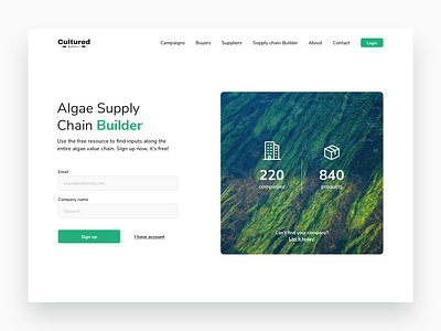 Builder welcome page for a supply chain website algae algae supply chain builder design landing landing page supply supply chain supply chain builder ui ux design web web app web tool website