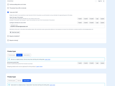 Various product types and their configurations UI app design product design product type products track inventory track shipping ui