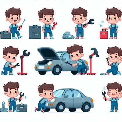 Car fixing buddy cartoon character graphic design illustration