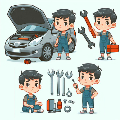 Car repair technician cartoon character graphic design illustration
