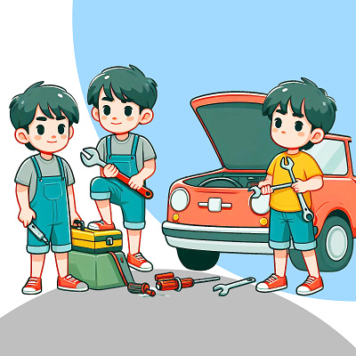 Little buddies fixing car cartoon character graphic design illustration