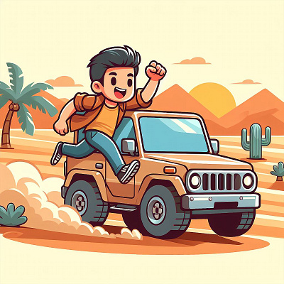 Racing with car cartoon character graphic design illustration