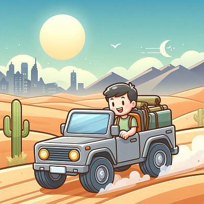 Driving on desert cartoon character graphic design illustration
