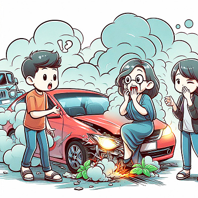Buddies on car accident cartoon character graphic design illustration