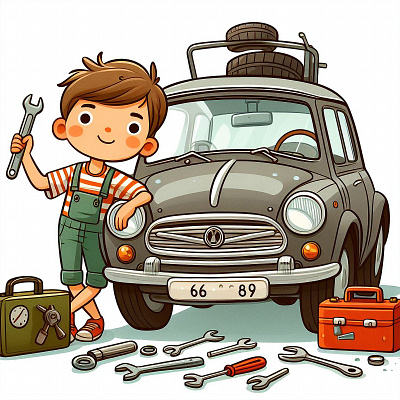 Helper boy fixing auto auto fix cartoon character graphic design illustration